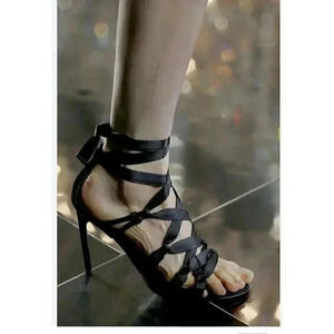 JASON WU Black Satin Strap Up Black Gladiator Sandals Heels Size 7/37